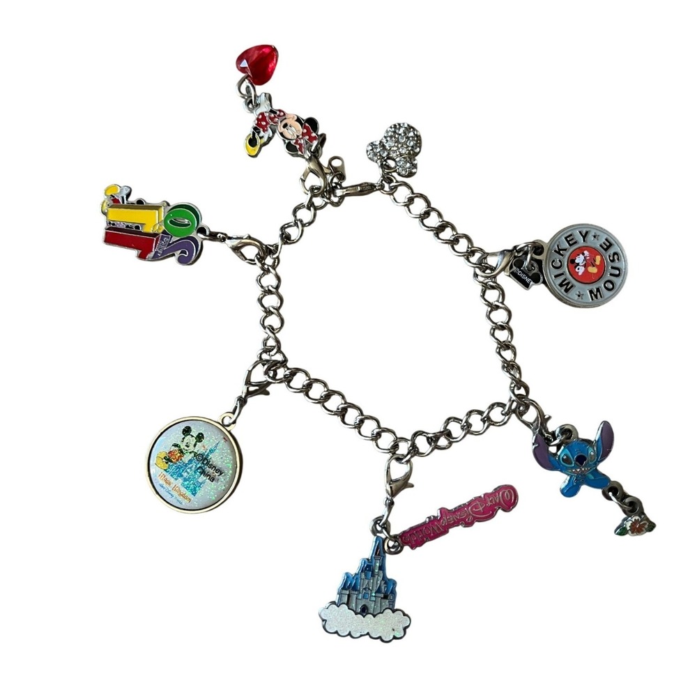 Disney Parks Silver Tone Charm Bracelet Mickey Minnie Stitch Castle 2011 Charms
